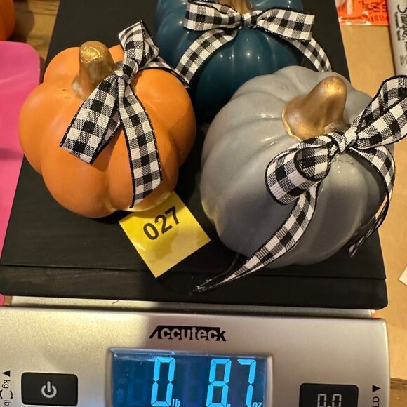 Fall Mini Pumpkins Set Orange Gray Teal with Gingham Bow Farmhouse Tiered Tray - Picture 11 of 11